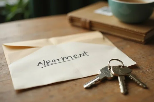 Notice envelope and apartment keys on a table