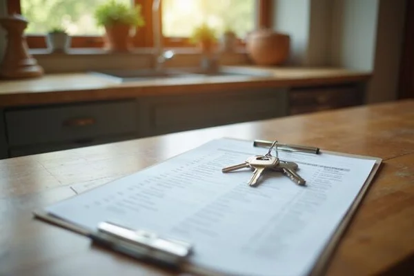 Evaluation checklist and house keys on a kitchen counter