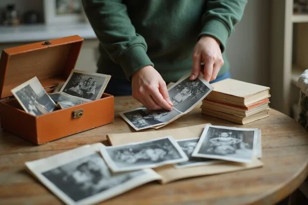 Sorting family photographs into a keepsake box
