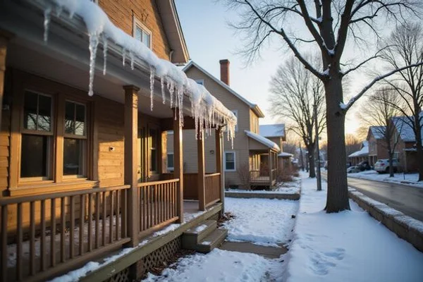 Ice dam along the eaves of a snow-covered house