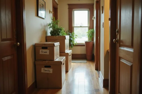 Labeled moving boxes in a hallway