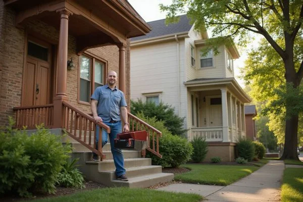 Landlord with a toolbox on the back steps of a rental