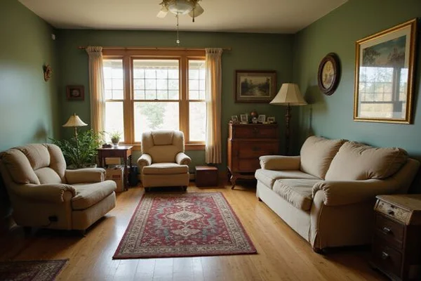 Living room of a long-held home with boxes partly packed