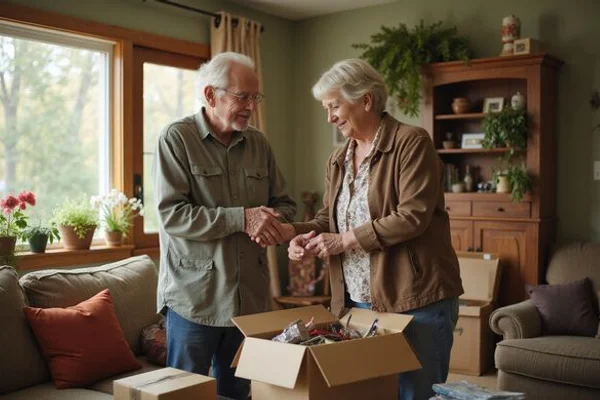 Couple packing keepsakes while downsizing