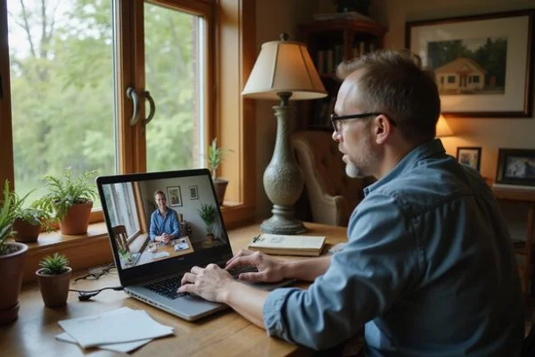 Out-of-state heir viewing a remote walkthrough on a laptop