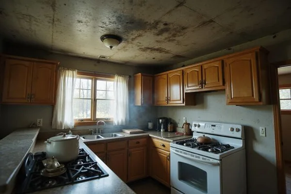 Smoke-stained kitchen ceiling after a small fire