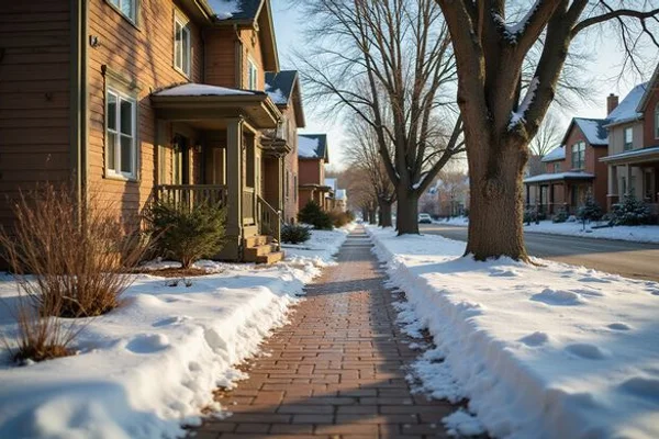 Unshoveled walk at an empty house after light snow