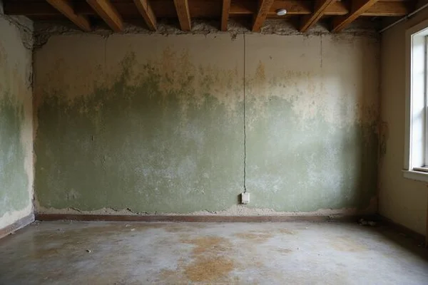 Water-stained basement wall with efflorescence