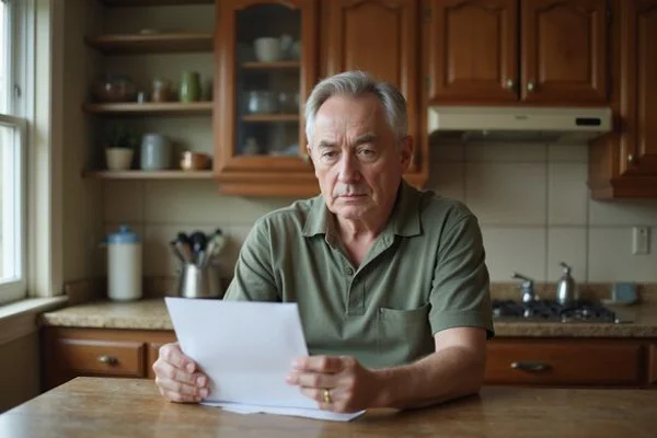 Homeowner reading mail at a kitchen table
