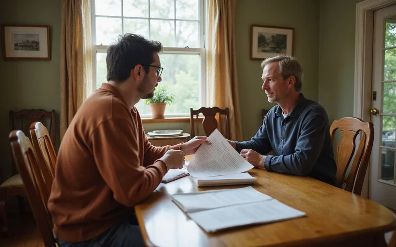 Adult siblings reviewing estate papers at a family dining table