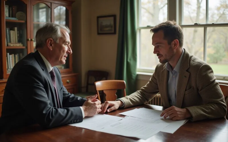 Attorney and client reviewing a will and court papers