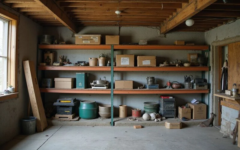 Basement storage shelves full of boxes and old tools