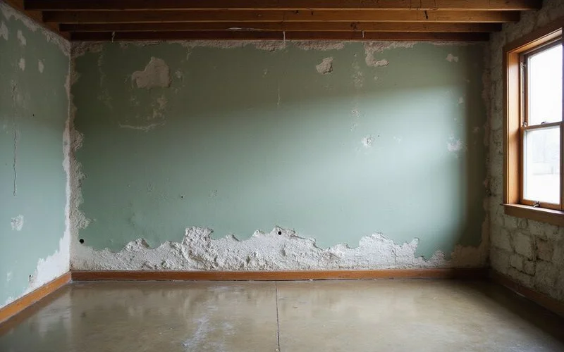 Basement wall with efflorescence and a damp floor line