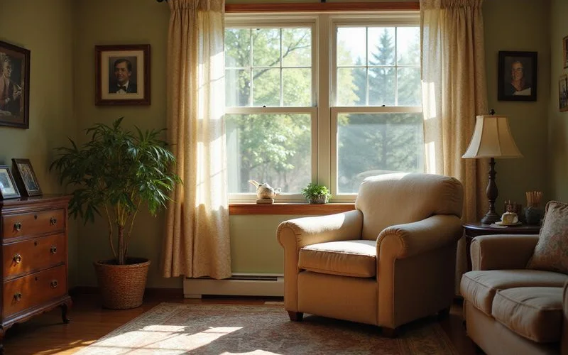 Bright senior living apartment with a familiar armchair