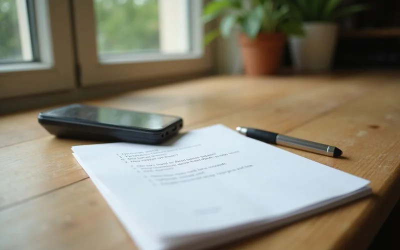 Checklist of questions on a notepad beside a phone