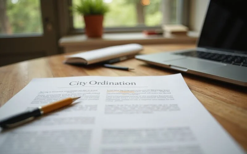 Ordinance printout with highlighted lines next to a laptop