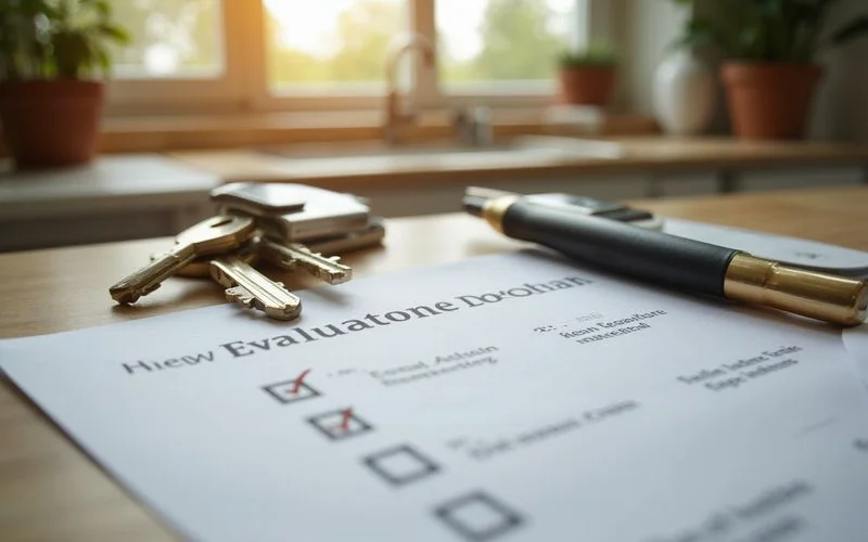 Home evaluation checklist on a kitchen counter beside house keys