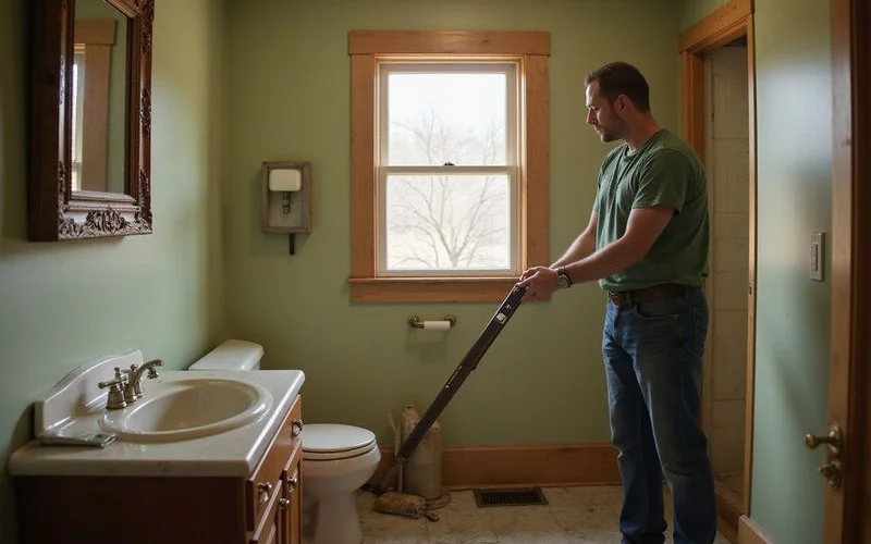 Contractor measuring a dated bathroom for a renovation estimate