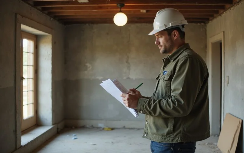 Contractor reviewing a code compliance checklist in a gutted house