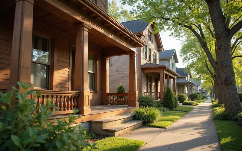 Detailed porch trim and original windows on a historic house