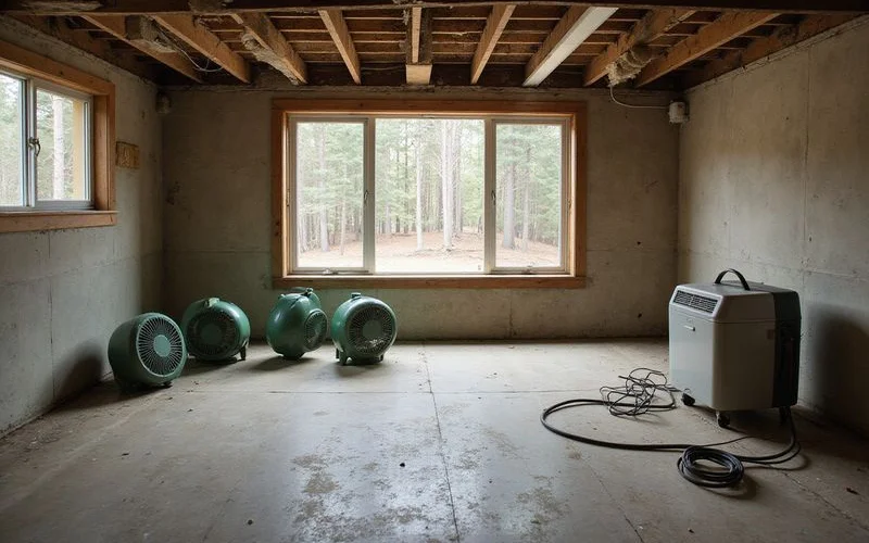 Drying fans in a water-damaged basement