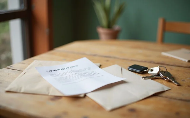 Notice envelope beside apartment keys on a table