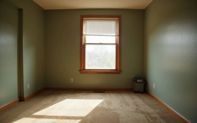 Freshly vacated apartment with worn carpet and open blinds
