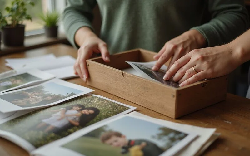 Hands sorting family photos into a keepsake box