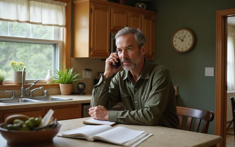 Homeowner taking notes during a phone call at a kitchen table