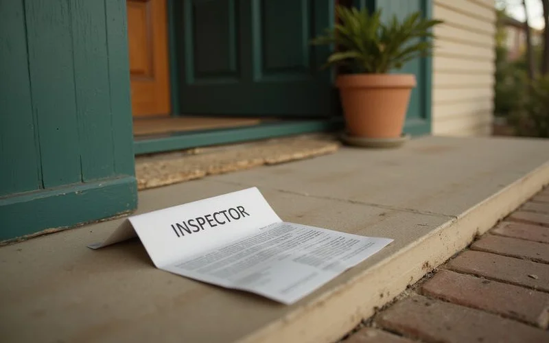 Inspector's notice envelope on a porch step