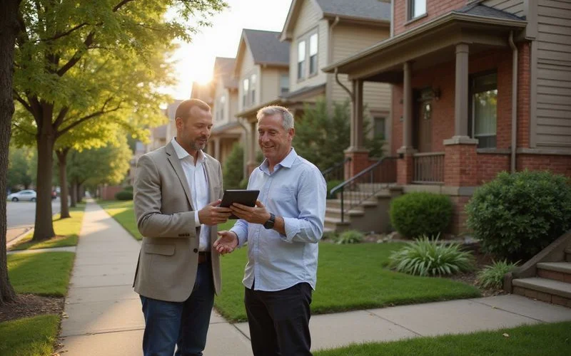 Investor reviewing rental income projections outside a fourplex