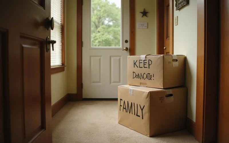 Labeled moving boxes marked keep, donate and family