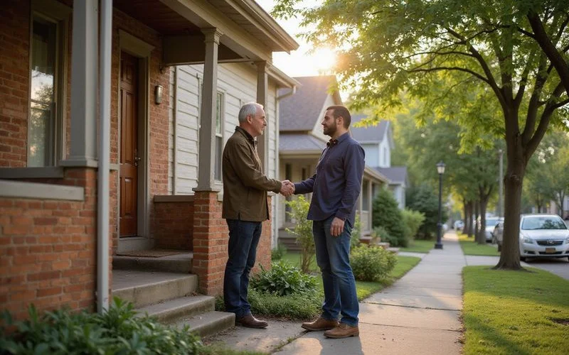 Landlord talking with a tenant at the door of a duplex