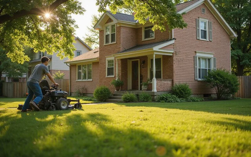 Lawn service mowing tall grass at an empty house