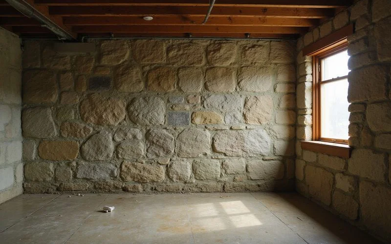 Old fieldstone basement foundation wall lit by a work light