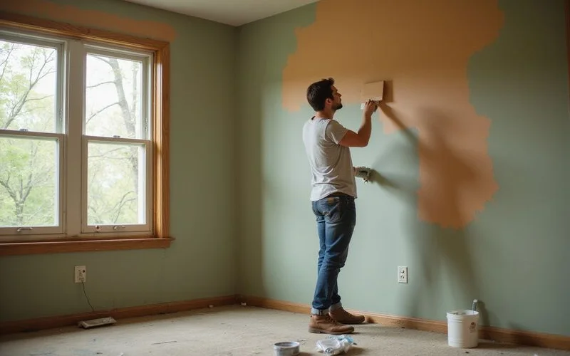 Painter patching walls in an empty rental unit