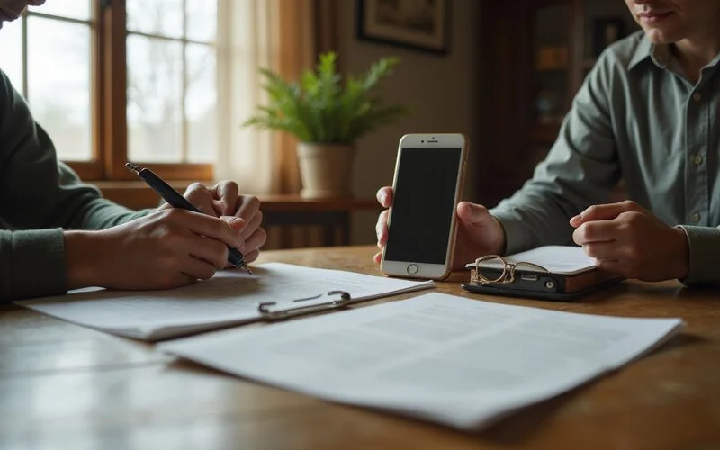 Person signing documents at home with a video call open