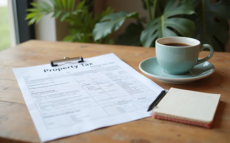 Printed county tax statement and notepad beside a coffee mug