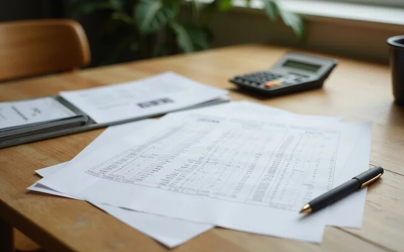 Printed worksheet with columns and a calculator