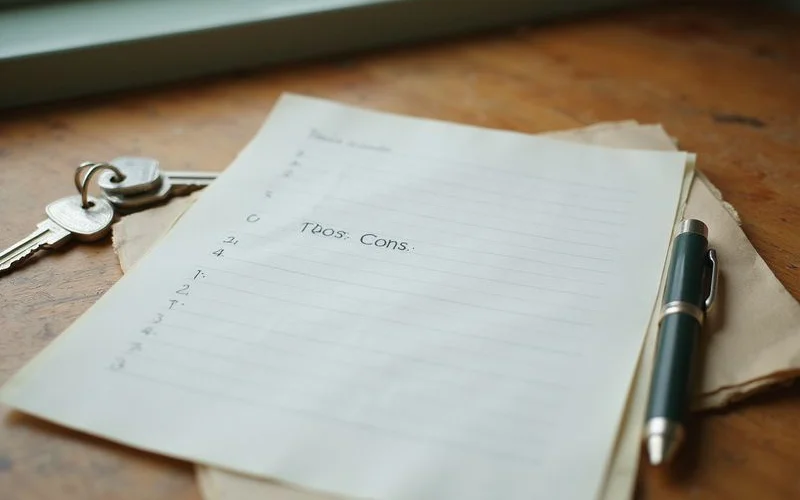 Pros and cons list on a notepad beside a set of keys