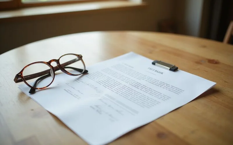 Recorded deed document and reading glasses on a wooden table
