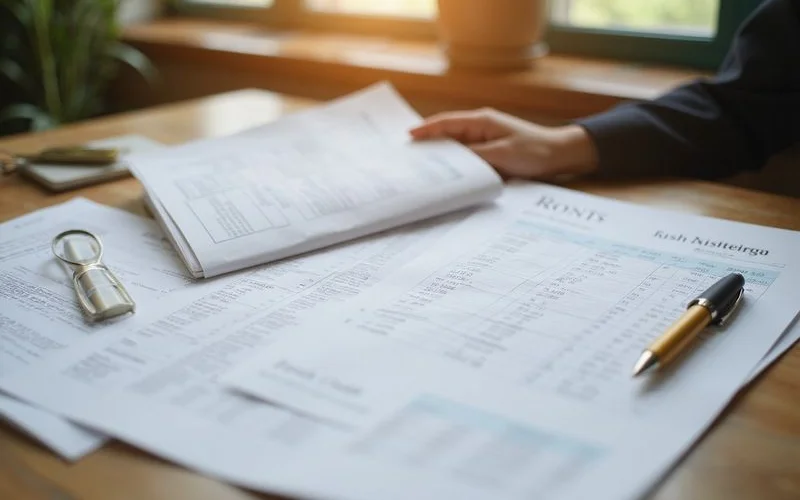 Rent roll printout and lease folders on a desk