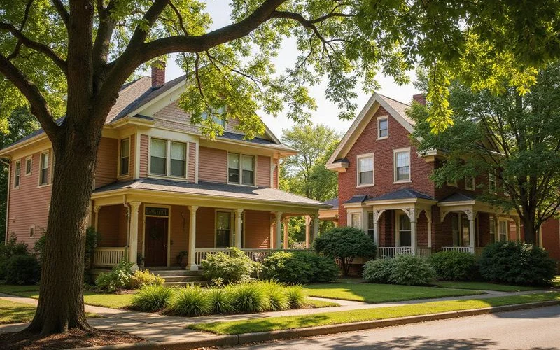 Restored 1800s homes facing a green square