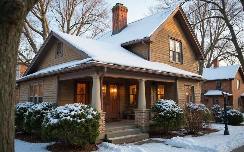 Roof of an older Saint Paul house under fresh snow