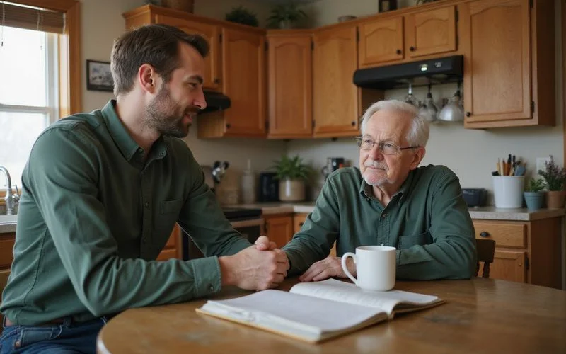 Ryan Quade listening to a homeowner at a kitchen table
