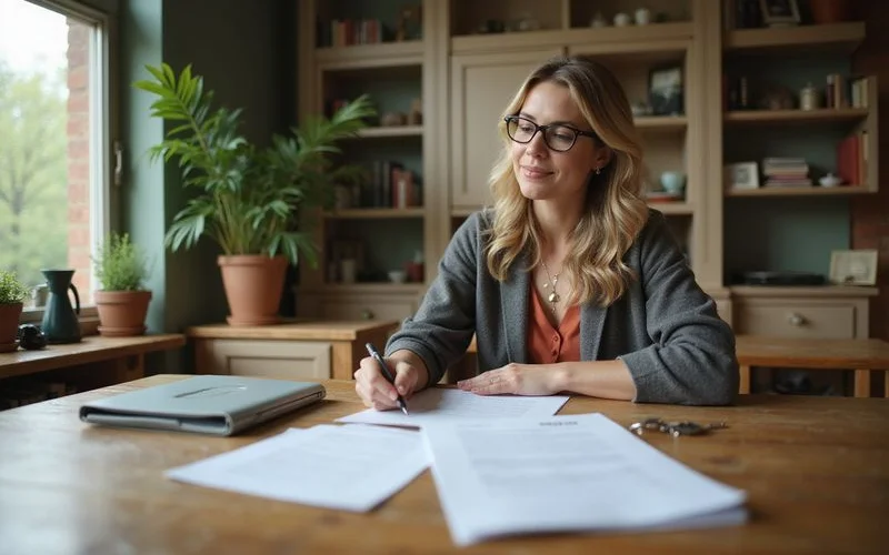 Seller signing closing documents at a title company table