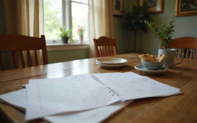 Shared notes and a calendar on a kitchen table during a family meeting
