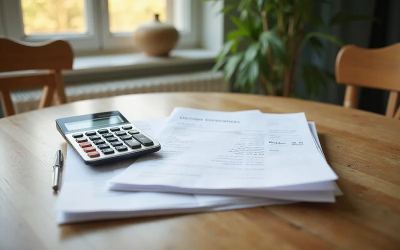 Stack of utility and insurance bills with a calculator
