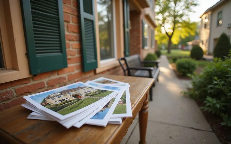 Stack of marketing postcards on a hallway table