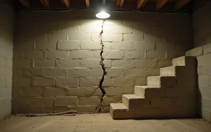 Stepped crack in a concrete block basement wall